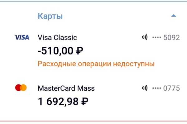 Расходные операции становятся недоступны при достижении отрицательного баланса карты и неуплате кредита
